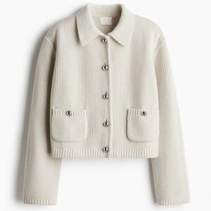 NWT H&M Premium Selection 100% Wool  Rib-Knit Cardigan (cream) Sm 126762002